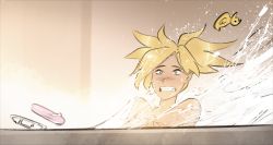 Rule 34 | 1girl, bathing, bathtub, blonde hair, blue eyes, clenched teeth, commentary, completely nude, constricted pupils, english commentary, i&#039;m not at the beach this is a bathtub (meme), long hair, meme, mercy (overwatch), nude, overwatch, overwatch 1, parody, partially submerged, ponytail, psuede, solo, teeth, water