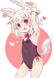 Rule 34 | 1girl, :o, absurdres, animal ears, armpits, arms up, bare shoulders, black leotard, blush, bow, breasts, collar, covered navel, detached collar, hair between eyes, heart, highres, inubashiri momiji, kibisake, leotard, looking at viewer, open mouth, outline, playboy bunny, rabbit ears, red background, red bow, red eyes, silver hair, small breasts, solo, strapless, strapless leotard, tail, thick eyebrows, touhou, two-tone background, white background, white collar, white outline, wing collar, wolf ears, wolf girl, wolf tail, wrist cuffs