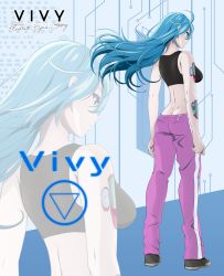 Rule 34 | 1girl, ahoge, bare arms, black sports bra, blue eyes, blue hair, breasts, butt crack, character name, copyright name, damaged, floating hair, full body, hair between eyes, highres, long hair, mechanical arms, medium breasts, midriff, pants, pink pants, profile, solo, sports bra, standing, straight hair, tanaka (vucc2522), tanaka (vucc2522), very long hair, vivy, vivy: fluorite eye&#039;s song, zoom layer