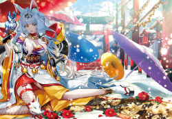 Rule 34 | 1girl, animal ears, bell, bird, blue hair, breasts, cleavage, clogs, collar, facepaint, fang, fingerless gloves, fishnet thighhighs, fishnets, flower, fox mask, gloves, japanese clothes, jingle bell, katana, kimono, kimono pull, large breasts, long hair, long legs, looking at viewer, low twintails, mask, obi, oil-paper umbrella, open mouth, original, red flower, sandals, sash, sheath, sheathed, shrine, single thighhigh, sitting, smile, snow, solo, sword, tabi, thighhighs, torii, twintails, umbrella, very long hair, weapon, white kimono, yanyo (ogino atsuki), yellow eyes, zouri