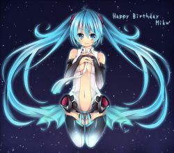 Rule 34 | 1girl, aqua eyes, aqua hair, bad id, bad pixiv id, bridal gauntlets, center opening, character name, happy birthday, hatsune miku, hatsune miku (append), highres, long hair, mitoki 6x6, nail polish, navel, necktie, solo, thighhighs, twintails, very long hair, vocaloid, vocaloid append