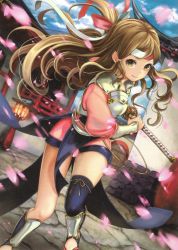 Rule 34 | 1girl, armor, battoujutsu stance, brown hair, cherry blossoms, curly hair, fighting stance, fire emblem, fire emblem cipher, fire emblem fates, hana (fire emblem), headband, katana, long hair, nintendo, official art, petals, pisuke, ready to draw, sheath, sheathed, solo, sword, weapon, yellow eyes