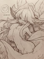 Rule 34 | 1other, animal ears, body fur, character name, finger to mouth, furry, hat, heart, heart-shaped pupils, highres, looking at viewer, made in abyss, mitsuba-sama (milkba-ng), monochrome, nanachi (made in abyss), naughty face, nude, open mouth, sketch, smile, spoken heart, symbol-shaped pupils, tail, tongue, tongue out, whiskers