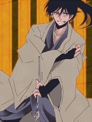 Rule 34 | aoi yusaka, black hair, brown eyes, cosplay, japanese clothes, psyren, smile, weapon