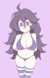 Rule 34 | 1girl, @ @, ahoge, arms behind back, bra, breasts, cleavage, creatures (company), game freak, hair between eyes, hex maniac (pokemon), inkerton-kun, large breasts, long hair, looking at viewer, navel, nervous smile, nintendo, npc trainer, panties, plump, pokemon, pokemon xy, purple background, purple bra, purple eyes, smile, solo, standing, striped clothes, striped thighhighs, thighhighs, thighs, underwear, wavy hair