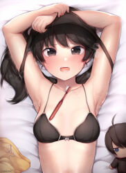 Rule 34 | 1girl, ahoge, alternate breast size, araragi karen, araragi koyomi, armpits, arms up, aroused, artist name, bed sheet, black bra, black hair, black tank top, blush, bow, bow bra, bra, breasts, brown eyes, character doll, clothes lift, collarbone, commentary, copyright notice, egg hair ornament, fellatio, food-themed hair ornament, from above, hair ornament, highres, kimoshi, lifting own clothes, light blush, long hair, looking at viewer, lying, messy, monogatari (series), nisemonogatari, nose blush, on back, on bed, open mouth, oral, paid reward available, raised eyebrows, scene reference, sexually suggestive, shirt lift, shorts, side ponytail, simulated fellatio, small breasts, solo, steam, steaming body, tank top, toothpaste, underwear, underwear only, undressing, unworn shorts, upper body, yellow shorts