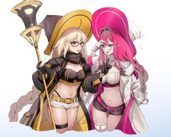 Rule 34 | 2girls, aesc (fate), baobhan sith (fate), blonde hair, blue eyes, blush, braid, breasts, cleavage, crop top, fate/grand order, fate (series), glasses, grey eyes, hat, highres, large breasts, long hair, long sleeves, micro shorts, multiple girls, no-kan, official alternate costume, panties, pink hair, pointy ears, shorts, sidelocks, smile, staff, thighhighs, twin braids, underwear, witch hat