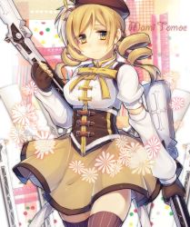 Rule 34 | 10s, 1girl, arm up, blonde hair, blush, bow, breasts, brown gloves, corsage, corset, drill hair, fingerless gloves, flower, gloves, gun, hat, large breasts, magical girl, mahou shoujo madoka magica, mahou shoujo madoka magica (anime), mk, rifle, shirt, skirt, smile, solo, striped clothes, striped thighhighs, thighhighs, tomoe mami, twin drills, twintails, weapon, yellow eyes