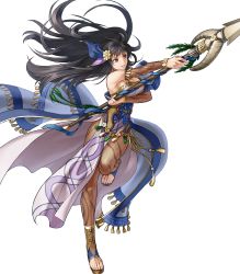 Rule 34 | 1girl, bare shoulders, black eyes, black hair, breasts, dress, fire emblem, fire emblem: the blazing blade, fire emblem heroes, full body, gold trim, hair ornament, highres, holding, holding weapon, karla (fire emblem), kita senri, loincloth, long hair, medium breasts, nintendo, non-web source, official art, pantyhose, polearm, short sleeves, spear, strapless, strapless dress, toeless footwear, toes, transparent background, weapon, wide sleeves