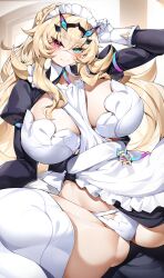 Rule 34 | 1girl, absurdres, apron, barghest (fate), barghest (swimsuit archer) (fate), barghest (swimsuit archer) (second ascension) (fate), black dress, blonde hair, blush, bra, breasts, casul, collared dress, dress, fate/grand order, fate (series), gloves, green eyes, heterochromia, highres, horns, huge breasts, long sleeves, looking at viewer, maid, maid headdress, medium hair, panties, ponytail, red eyes, solo, spread legs, thick thighs, thighs, underwear, white apron, white bra, white gloves, white panties