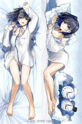 Rule 34 | 1girl, alternate costume, black hair, blue eyes, blush, breasts, cleavage, collarbone, collared shirt, dakimakura (medium), dress shirt, female focus, full body, hair intakes, highres, hololive, hololive english, large breasts, long sleeves, looking at viewer, multiple views, open mouth, ouro kronii, shirt, short hair, smile, virtual youtuber, wada arco, white shirt