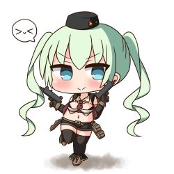 Rule 34 | &gt; &lt;, 1girl, black hat, black shorts, black thighhighs, black vest, blue eyes, blush, boots, breasts, brown footwear, brown gloves, brown necktie, chibi, closed mouth, commentary request, detached sleeves, dual wielding, girls&#039; frontline, gloves, green hair, gun, hair between eyes, hana kazari, hat, holding, holding gun, holding weapon, long hair, long sleeves, looking at viewer, machine pistol, medium breasts, micro uzi (girls&#039; frontline), midriff, mini hat, navel, necktie, short necktie, short shorts, shorts, smile, solo, spoken expression, standing, standing on one leg, star (symbol), submachine gun, thighhighs, twintails, uzi, v-shaped eyebrows, very long hair, vest, weapon, white background