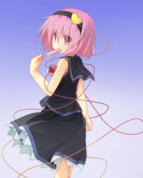 Rule 34 | 1girl, alternate costume, bare arms, blue background, food, from behind, gradient background, hassai, headband, heart, komeiji satori, looking at viewer, looking back, pink hair, popsicle, shirt, short hair, simple background, skirt, skirt set, sleeveless, sleeveless shirt, solo, third eye, touhou