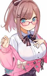Rule 34 | 1girl, :3, alternate hairstyle, aqua nails, bespectacled, blue eyes, bow, bowtie, breasts, brooch, brown hair, cardigan, center frills, choco tanuki, collared shirt, frills, glasses, hair bow, hair ornament, hand on own chest, highres, jewelry, large breasts, long sleeves, looking at viewer, medium hair, nail polish, nijisanji, pink-framed eyewear, pink cardigan, ponytail, shirt, simple background, skirt, smile, solo, striped bow, striped clothes, striped skirt, suzuhara lulu, suzuhara lulu (1st costume), upper body, vertical-striped clothes, vertical-striped skirt, virtual youtuber, white background, white shirt, x hair ornament