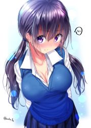 Rule 34 | 1girl, arms behind back, blue background, blue ribbon, blue skirt, blue vest, blush, breasts, cleavage, collared shirt, gradient background, hair between eyes, hair ribbon, large breasts, lens flare, long hair, long sleeves, looking at viewer, low twintails, mokufuu, original, pleated skirt, purple eyes, purple hair, ribbon, shirt, skirt, solo, speech bubble, spoken blush, twintails, twitter username, very long hair, vest, white background, white shirt