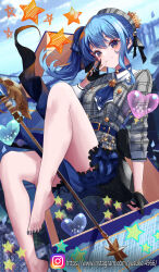 Rule 34 | 1girl, ascot, bare legs, barefoot, belt, beret, black gloves, blue ascot, blue belt, blue choker, blue eyes, blue hair, blue sky, brooch, choker, closed mouth, cloud, crown, day, dress, feet, floating hair, foot out of frame, frills, gloves, hair ribbon, halberd, hand up, hat, heart, highres, hololive, hoshimachi suisei, instagram logo, instagram username, jewelry, knee up, legs, long hair, looking at viewer, mini crown, nail polish, outdoors, partially fingerless gloves, plaid, plaid dress, plaid headwear, polearm, ribbon, side ponytail, sidelocks, sitting, sky, smile, solo, star (symbol), star in eye, symbol in eye, thighs, toenail polish, toenails, toes, virtual youtuber, w, watermark, wavy hair, weapon, web address, yusuke (shiota)