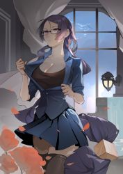 Rule 34 | 1girl, alternate costume, black-framed eyewear, black shirt, black thighhighs, blue shirt, blue skirt, breasts, clang, cleavage, closed mouth, clothes pull, collarbone, collared shirt, curtains, dress shirt, falling petals, fate/grand order, fate (series), glasses, highres, indoors, large breasts, long hair, low-tied long hair, minamoto no raikou (fate), parted bangs, petals, pleated skirt, purple eyes, purple hair, shirt, shirt pull, sidelocks, skirt, standing, thighhighs, thighs, very long hair, window