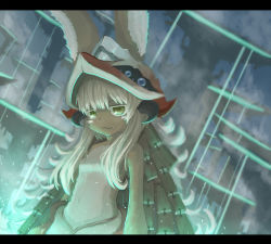 Rule 34 | 1girl, :3, animal ears, blush stickers, closed mouth, dang, ears through headwear, furry, furry female, highres, horns, letterboxed, long hair, looking at viewer, made in abyss, nanachi (made in abyss), rabbit ears, solo, tacch, white hair, yellow eyes