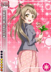 Rule 34 | 10s, 1girl, :d, blunt bangs, blush, bracelet, card (medium), character name, floral print, flower, gradient background, holding, holding flower, jacket, jewelry, light brown hair, long hair, long skirt, looking at viewer, looking back, love live!, love live! school idol festival, love live! school idol project, minami kotori, official art, open mouth, pink background, pink skirt, scrunchie, side ponytail, skirt, sleeves rolled up, smile, solo, sparkle, star (symbol), sun symbol, yellow eyes
