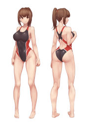 Rule 34 | 1girl, absurdres, barefoot, black one-piece swimsuit, breasts, brown eyes, commission, competition swimsuit, from behind, full body, highleg, highleg swimsuit, highres, looking at viewer, medium breasts, multiple views, one-piece swimsuit, original, pixiv commission, ponytail, rebutsu, red one-piece swimsuit, short hair, simple background, smile, standing, swimsuit, two-tone swimsuit, white background
