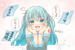Rule 34 | 1girl, :d, ahoge, bare shoulders, black sleeves, blue eyes, blue necktie, blush, detached sleeves, hair between eyes, hair ornament, hands on own cheeks, hands on own face, hatsune miku, head rest, heart, heart ahoge, highres, leaning forward, long bangs, long hair, long sleeves, looking at viewer, necktie, number tattoo, open mouth, raised eyebrows, sa-fu (sfmk39), shirt, sidelocks, simple background, sleeveless, sleeveless shirt, smile, solo, straight-on, tattoo, teeth, translation request, twintails, upper body, upper teeth only, vocaloid, white background, white shirt