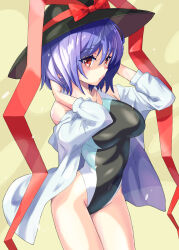 1girl black_hat black_one-piece_swimsuit bow breasts collared_shirt commission competition_swimsuit dress_shirt hat hat_bow hat_ribbon highleg highleg_one-piece_swimsuit highres jack_(wkm74959) large_breasts nagae_iku one-piece_swimsuit pixiv_commission purple_hair red_eyes ribbon shirt short_hair sideways_glance solo swimsuit touhou two-tone_swimsuit white_shirt