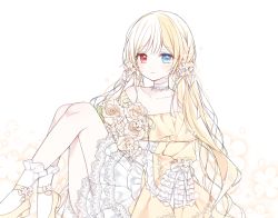 Rule 34 | 1girl, bad id, bad pixiv id, blonde hair, blue eyes, blush, bobby socks, bouquet, braid, brown flower, brown rose, choker, closed mouth, collarbone, commentary, commission, dress, english commentary, floral background, flower, hair flower, hair ornament, heterochromia, holding, holding bouquet, knees up, light smile, long hair, looking at viewer, mattang, multicolored hair, off-shoulder dress, off shoulder, original, pleated dress, red eyes, rose, shoes, sitting, socks, solo, two-tone hair, very long hair, white choker, white dress, white socks, yellow dress, yellow footwear