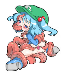 Rule 34 | 1girl, anus, blue eyes, blue hair, breasts, censored, female focus, hair bobbles, hair ornament, kawashiro nitori, kureha mitsushige, looking back, matching hair/eyes, medium breasts, pussy, short hair, simple background, solo, spread anus, spread legs, tentacles, touhou, twintails, two side up, white background