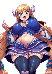 Rule 34 | 1girl, armor, black thighhighs, blonde hair, blue eyes, blue skirt, bobobo-bo bo-bobo, breasts, capelet, cleavage, crop top, denbo, from below, heart, highres, large breasts, layered skirt, long hair, looking at viewer, low-tied sidelocks, midriff, navel, non-web source, open mouth, pauldrons, red capelet, shoulder armor, simple background, skirt, smile, thighhighs, white background, wing hair ornament