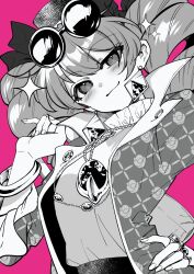 Rule 34 | 1girl, drill hair, earrings, eyewear on head, floral print, hand on own hip, highres, jacket, jewelry, katayama kei, long hair, looking down, monochrome, necklace, purple background, shirt, smile, solo, sparkle, touhou, twin drills, yorigami jo&#039;on