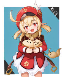 Rule 34 | 1girl, absurdres, ahoge, animal, backpack, bag, blush, dress, fang, feathers, genshin impact, hair between eyes, hat, hat feather, highres, holding, holding animal, kkusak (kkusag ks), klee (genshin impact), long hair, long sleeves, looking at viewer, low twintails, open mouth, red dress, red eyes, red hat, smile, solo, twintails, white feathers