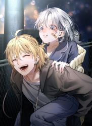 Rule 34 | 1boy, 1girl, ^ ^, ahoge, bandaid, bandaid on face, blonde hair, blue eyes, blurry, blurry background, brown hoodie, carrying, closed eyes, commentary request, ear piercing, earrings, gauze, grey hair, happy, highres, hood, hood down, hoodie, hospital gown, jewelry, light particles, long hair, looking at another, medium hair, mugi oyasumi, open clothes, open hoodie, open mouth, original, piercing, piggyback, shirt, tearing up, teeth, tongue, white shirt