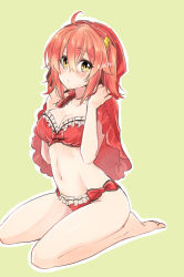 Rule 34 | 1girl, ahoge, alternate costume, barefoot, blush, bow, bra, breasts, cleavage, collarbone, fate/grand order, fate (series), frilled bra, frilled panties, frills, fujimaru ritsuka (female), groin, hair between eyes, medium breasts, navel, panties, red bow, red bra, red hair, red panties, shino-o, shiny skin, side ponytail, simple background, soles, solo, underwear, underwear only, yellow eyes