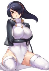 Rule 34 | 1girl, black hair, black jacket, commentary request, drawstring, emperor penguin (kemono friends), full body, hair over one eye, headphones, highres, hood, hood down, jacket, kemono friends, leotard, long sleeves, looking at viewer, short hair, sitting, solo, tadano magu, thighhighs, wariza, white leotard, white thighhighs, yellow eyes, zettai ryouiki