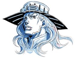 Rule 34 | 1boy, araki hirohiko (style), blue theme, cowboy hat, goggles, goggles on headwear, grandguerrilla, gyro zeppeli, hat, jojo no kimyou na bouken, long hair, looking at viewer, male focus, monochrome, official style, parted lips, portrait, simple background, solo, steel ball run, white background