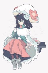 Rule 34 | 1girl, ahoge, animal ears, aqua eyes, aqua sweater, bench, black hair, boots, cat ears, clothing request, crossed bangs, flower, full body, grey background, grey footwear, hair between eyes, hair flower, hair ornament, holding, holding umbrella, light blush, long hair, long skirt, long sleeves, looking at viewer, melan (melanbread), melanbread, mittens, neck flower, original, pantyhose, pink skirt, pom pom (clothes), signature, sitting, skirt, sleeves past wrists, smile, solo, sweater, themed object, twintails, umbrella, umbrella flower, white mittens, winter clothes