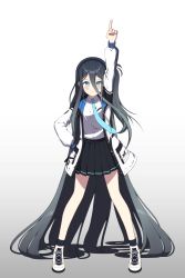 Rule 34 | 1girl, absurdly long hair, absurdres, aris (blue archive), arm up, bad id, bad twitter id, blue archive, blue eyes, blush, dark background, full body, hair between eyes, highres, jacket, long hair, looking at viewer, necktie, pointing, pointing up, school uniform, shoes, sizque, smile, solo, very long hair, white background