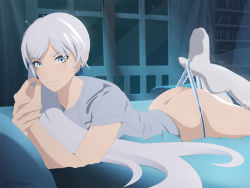 Rule 34 | 1girl, ass, blue eyes, breasts, butt crack, feet, long hair, looking at viewer, lying, necromalock, no pants, official style, on stomach, panties, ponytail, rwby, scar, scar across eye, scar on face, seductive smile, shirt, short sleeves, small breasts, smile, socks, solo, the pose, underwear, weiss schnee, white hair