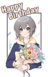 Rule 34 | 1girl, bang dream!, bang dream! it&#039;s mygo!!!!!, blue hoodie, blush, bouquet, closed mouth, commission, confetti, english text, flower, grey eyes, grey hair, happy birthday, highres, holding, holding bouquet, hood, hoodie, looking at viewer, pink flower, second-party source, short hair, smile, solo, takamatsu tomori, tsumalan, two-tone hoodie, upper body, yellow flower, yellow hoodie