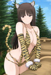 Rule 34 | 1girl, 2022, animal ear fluff, animal ears, animal print, bare shoulders, blue sky, blunt bangs, breasts, brown eyes, brown hair, chinese zodiac, cleavage, closed mouth, collarbone, elbow gloves, fur cuffs, girls und panzer, gloves, highres, hime cut, inoshira, large breasts, long hair, looking at viewer, mature female, military, military vehicle, motor vehicle, navel, nishizumi shiho, one-piece swimsuit, outdoors, skindentation, sky, slingshot swimsuit, smile, solo, straight hair, striped clothes, striped gloves, striped thighhighs, swimsuit, tail, tank, thighhighs, tiger ears, tiger print, tiger stripes, tiger tail, tree, v-shaped eyebrows, year of the tiger, yellow one-piece swimsuit