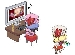 Rule 34 | 2girls, arms at sides, backless outfit, bad id, bad pixiv id, bat wings, blonde hair, chibi, computer, drawing, drawing tablet, dress, flandre scarlet, from behind, hat, hat ribbon, light purple hair, looking at another, lowres, multiple girls, musical note, pencil, pink dress, red dress, remilia scarlet, ribbon, shirt, short hair, side ponytail, simple background, touhou, white shirt, wilnus, wings