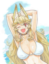 Rule 34 | 1girl, animal ears, armpits, arms behind head, bikini, blonde hair, blush, breasts, character request, chikuwa (tks), choker, copyright request, fang, large breasts, long hair, looking at viewer, navel, ocean, one eye closed, open mouth, smile, solo, swimsuit, thick eyebrows, white bikini, yellow eyes