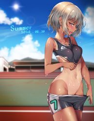 Rule 34 | 1girl, bad id, bad pixiv id, bare arms, bare shoulders, black shorts, blue sky, blush, breasts, clothes pull, collarbone, cowboy shot, dated, day, english text, groin, highres, lens flare, looking at viewer, mayoichi, medium breasts, navel, one-piece tan, open mouth, original, outdoors, profile, pulling own clothes, red eyes, short hair, shorts, shorts pull, silver hair, sky, solo, sports bra, stomach, sun, sweat, tan, tanline, track and field, underboob, wet