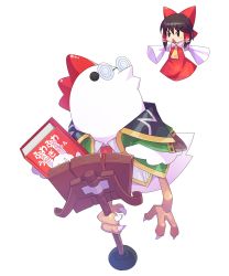 Rule 34 | ascot, bird, black eyes, book, bow, brown hair, chicken, cookie (touhou), cosplay, detached sleeves, dr. paradigm, dr. paradigm (cosplay), dress, full body, glasses, guilty gear, hair between eyes, hair bow, hair tubes, hakurei reimu, highres, necktie, pince-nez, red bow, red dress, red necktie, ribbon-trimmed sleeves, ribbon trim, short hair, sleeves past wrists, solo, tarmo, touhou, translated, transparent background, triangle mouth
