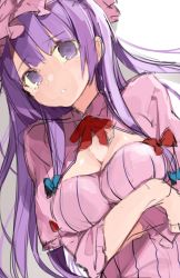 Rule 34 | 1girl, bad id, bad pixiv id, blush, bow, breast rest, breasts, capelet, cleavage cutout, clothing cutout, colorized, dutch angle, hair bow, hair ornament, hat, highres, kayahara, long hair, long sleeves, looking at viewer, mob cap, parted lips, patchouli knowledge, purple eyes, purple hair, sketch, solo, tears, touhou