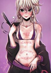 Rule 34 | 1girl, aihara yuzu, anpsart, artist name, blonde hair, blush, body writing, bra, breasts, chain, citrus (saburouta), coat, collarbone, commentary, covered erect nipples, cowboy shot, earrings, english commentary, green eyes, heart, heart earrings, highres, holding, holding whip, implied yuri, jewelry, lips, long hair, looking at viewer, medium breasts, navel, pants, purple background, ring, simple background, smile, solo, thong, underwear, undressing, wedding ring