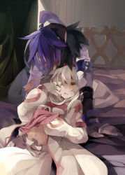 Rule 34 | 00s, 1boy, 1girl, alice (tales), bad id, bad pixiv id, bed, couple, decus (tales), gloves, hetero, hyakuhachi (over3), leaning forward, long hair, lying, on back, orange eyes, ponytail, purple hair, silver hair, tales of (series), tales of symphonia, tales of symphonia: dawn of the new world, waking up