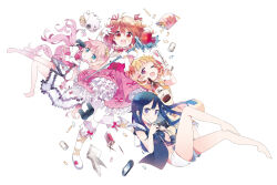 4girls alcohol blonde_hair blue_eyes blue_hair book boots brown_hair caretaker_(mahou_shoujo_no_karei_naru_yosei) dress frilled_dress frills ginga_sasari haruse_hiroki hime_cut lolita_fashion long_hair magical_girl mahou_shoujo_no_karei_naru_yosei mascot mimi_kamishiro multiple_girls official_art open_mouth ouka_lila pink_hair sake shijima_reimei short_hair smile snack thighhighs white_background