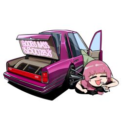 Rule 34 | 1girl, absurdres, black bow, blush, bocchi the rock!, bow, chibi, commentary, dress, drinking straw, english commentary, green dress, hair bow, highres, hiroi kikuri, holding, holeecrab, lincoln (company), lincoln town car, long hair, lowrider, nose blush, open mouth, pink hair, simple background, smile, solo, vehicle focus, white background