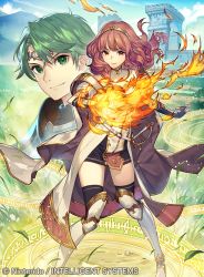 Rule 34 | 1boy, 1girl, alm (fire emblem), arm guards, armored boots, black gloves, black thighhighs, boots, castle, celica (fire emblem), closed mouth, cloud, cloudy sky, commentary request, company connection, copyright name, day, dress, earrings, fingerless gloves, fire, fire emblem, fire emblem cipher, fire emblem echoes: shadows of valentia, gloves, grass, green eyes, green hair, jewelry, long hair, looking at viewer, magic, nintendo, official art, outdoors, red eyes, red hair, short sleeves, sky, smile, sword, thighhighs, tiara, umiu geso, upper body, weapon, zettai ryouiki